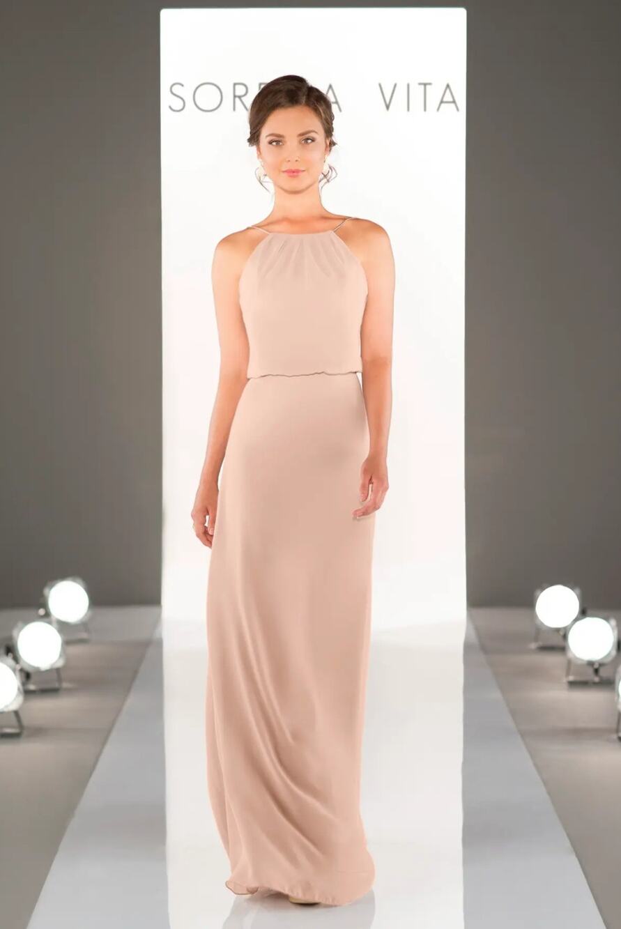 Sorella Vita rose pink spaghetti strap blouson full length chiffon gown Size 12